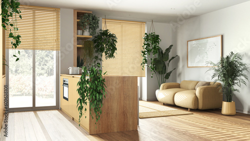 Modern wooden kitchen and living room in yellow tones with island, sofa, window and appliances. Biophilic concept, many houseplants. Urban jungle interior design