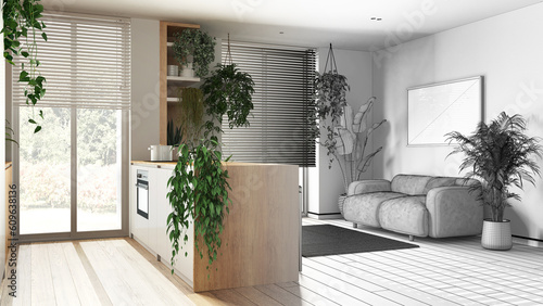 Architect interior designer concept: hand-drawn draft unfinished project that becomes real, kitchen and living room. Biophilic concept, many houseplants. Urban jungle style
