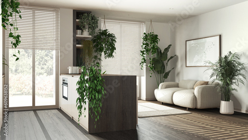 Modern dark wooden kitchen and living room in white tones with island, sofa, window and appliances. Biophilic concept, many houseplants. Urban jungle interior design © ArchiVIZ