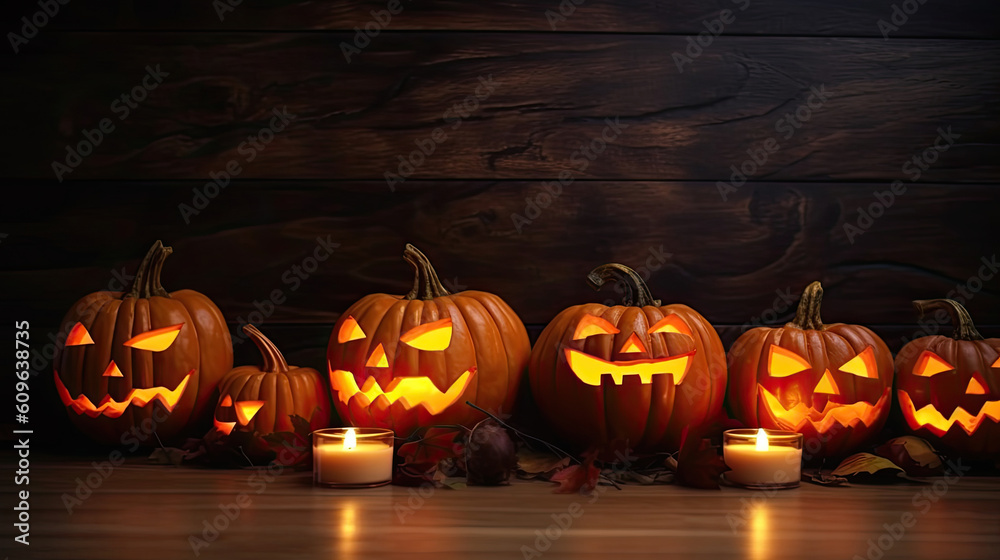 Jack 'O Lantern on wooden background - Halloween. Generative AI Jack 'O Lantern on wooden background - Halloween. Generative AI