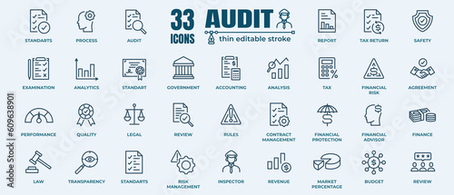 Audit icon set. Accounting line icons collection. Check and audit line icons collection. Vector illustration.Editable Strokes