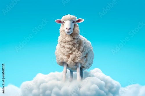 Cute fluffy sheep standing on a white soft cloud.AI generated.