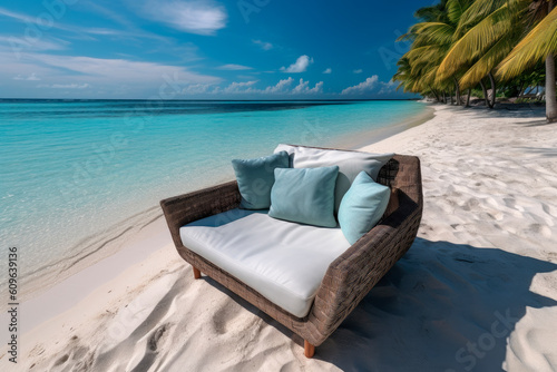 Sofa on sand beach with palms.AI generated. © graja