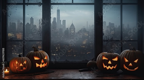 Jack 'O Lantern on windowsill. Night city background - Halloween. Generative AI