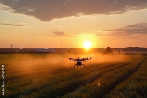 Drones spray fertilizer on the field at sunset. Generative AI