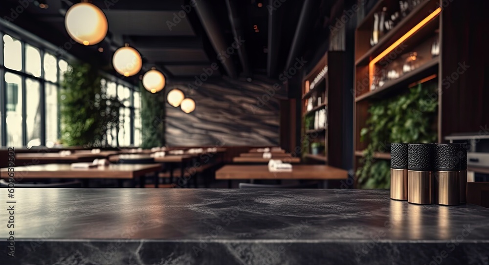 Empty Table and Marble Counter in Blurred Background. Modern Restaurant Interior