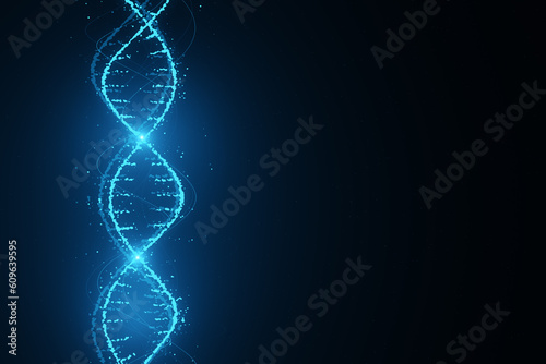 Innovation, science and genetics concept with bright digital DNA molecule neon style on abstract dark blue background with empty place for your logo. 3D rendering, mockup