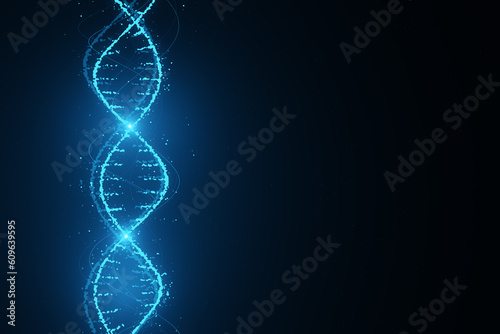 Fotografía Innovation, science and genetics concept with bright digital DNA molecule neon style on abstract dark blue background with empty place for your logo