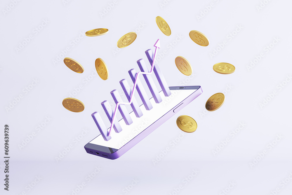 Abstract image of cellphone with creative business chart and golden dollar coins on light background. Mobile banking app, investment and digital finance concept. 3D Rendering.