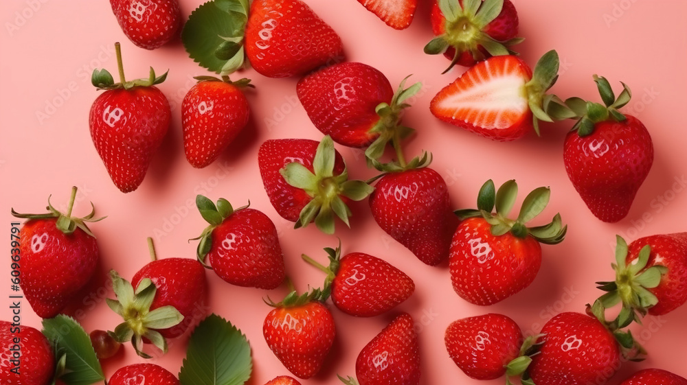 Fresh strawberries, pink background. Juicy red berries banner, close-up. Flat lay composition with tasty ripe strawberries. Top view. generative ai Fresh strawberries, pink background. Juicy red berries banner, close-up. Flat lay composition with tasty ripe strawberries. Top view. generative ai