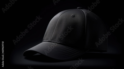 Illustration of black snapback on dark background. Mock up hat cap for you logo, brand identity etc. Generative AI