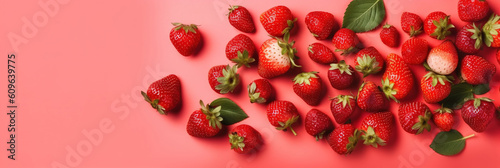 Fresh strawberries, pink background. Juicy red berries banner, close-up. Flat lay composition with tasty ripe strawberries. Top view copy space. generative ai