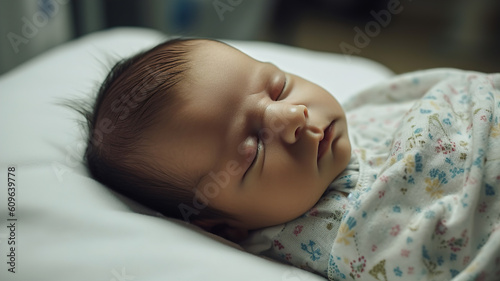 Newborn baby sleeping in prenatal hospital crib. Overhead view of cute child lying in bed. generative ai