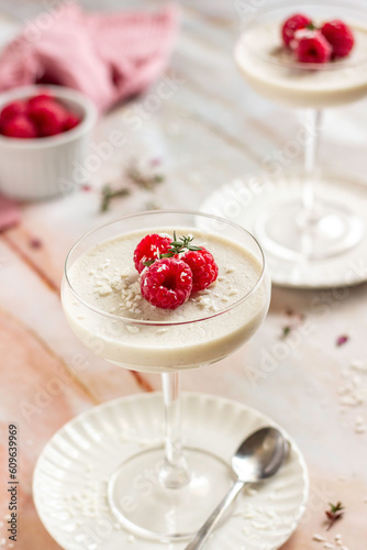 Coconut milk panna cotta with raspberries