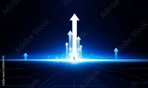 Abstract businessman arrow up of Key Door or interest open businessman Light technology background Hitech communication concept innovation background vector design.