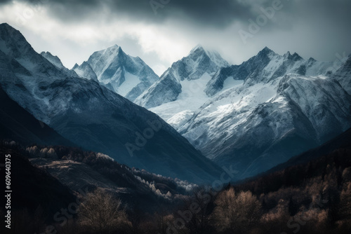 Snow-covered majestic mountains, AI Generated landscape