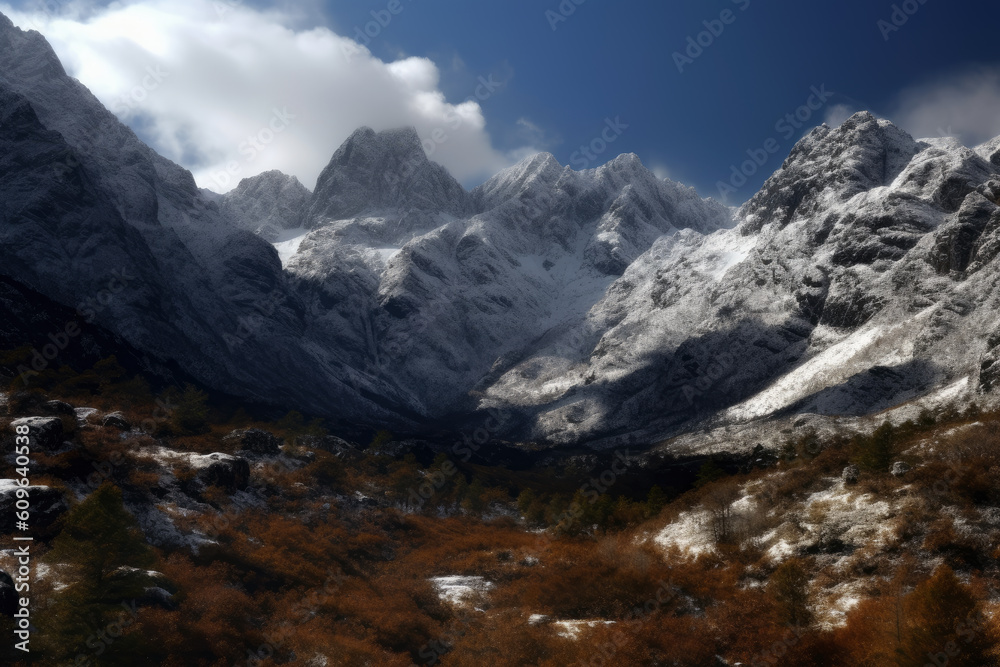 Fototapeta premium Snow-covered majestic mountains, AI Generated landscape