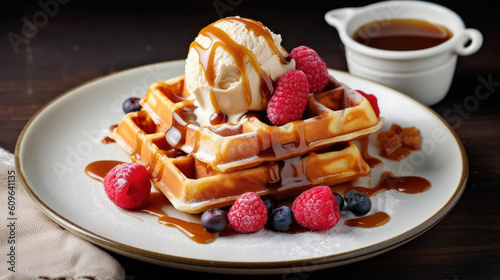 A plate of waffle with caramel raspberries and ice cream.