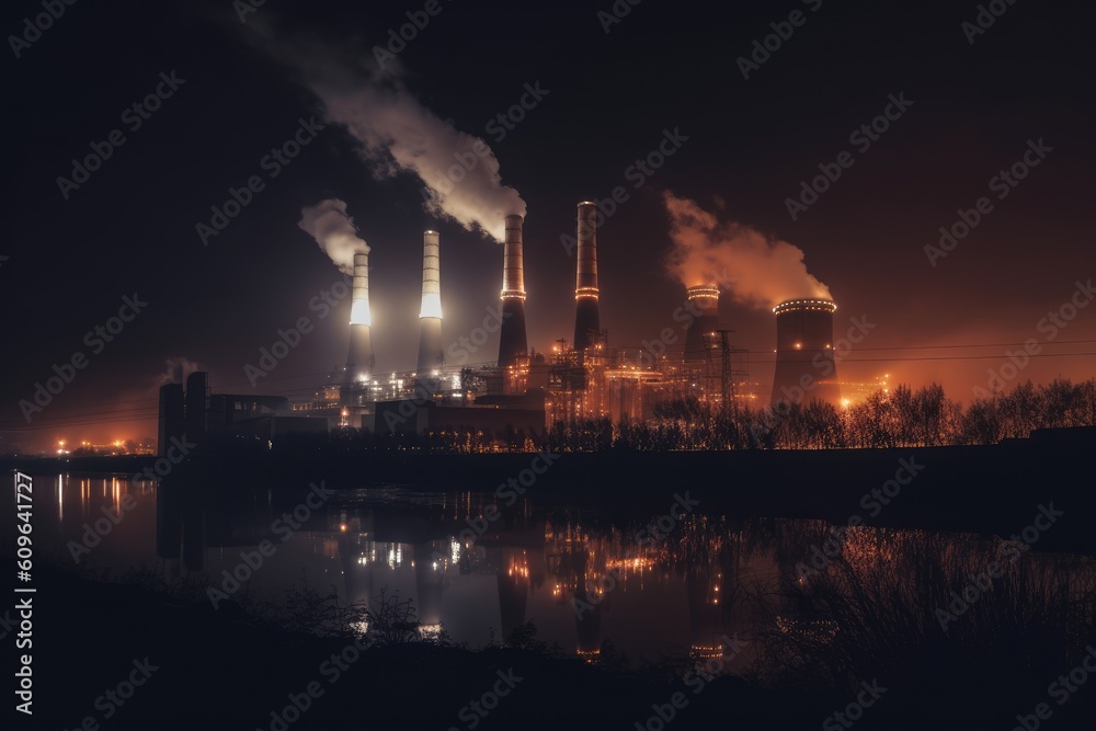 Coal-fired power plant at night. Generative AI