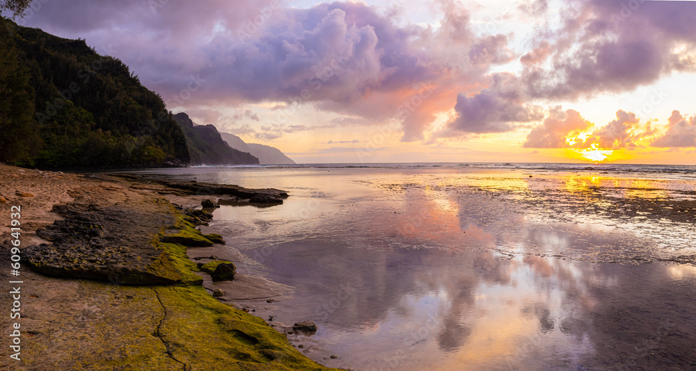 Sunset Reflection on Tide Pool, Ke'e Beach, Kauai, Hawaii, USA