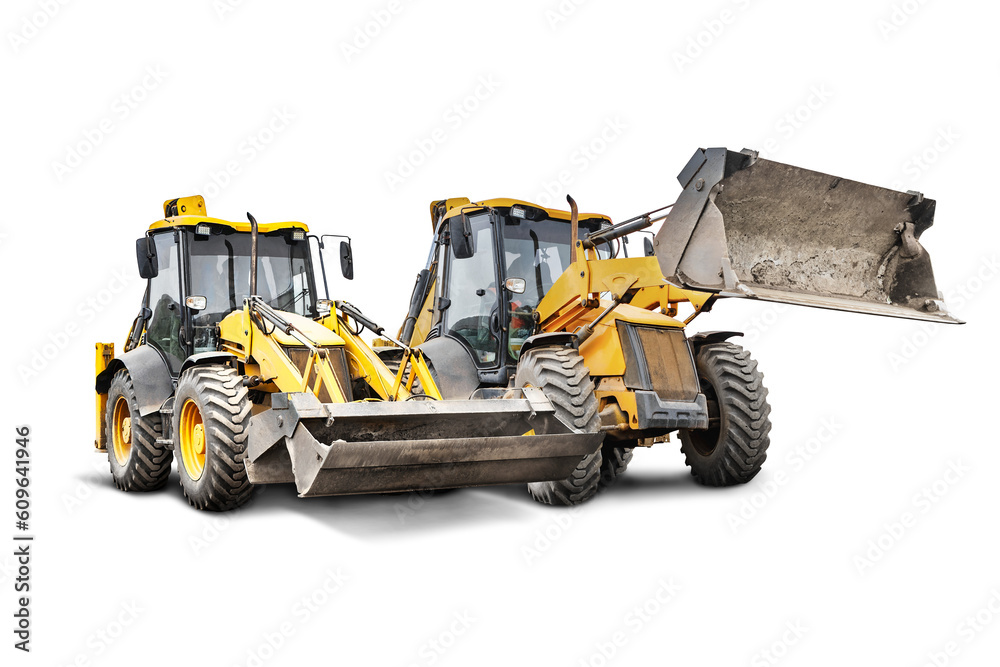Fototapeta premium Two heavy front loaders or bulldozers on a white isolated background. Construction equipment and transport. Transportation and movement of bulk materials. Excavation. Element for design.