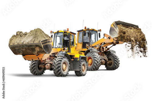 Two large wheel loaders with sand in a bucket at a construction site. Transportation of bulk materials. Rental of construction equipment. Isolated loader on a white background.