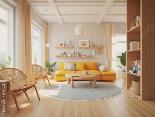 Yellow Japanese style living room with wooden decoration. Generative AI