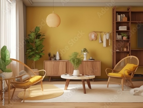 Yellow Japanese style living room with wooden decoration. Generative AI © Natee Meepian