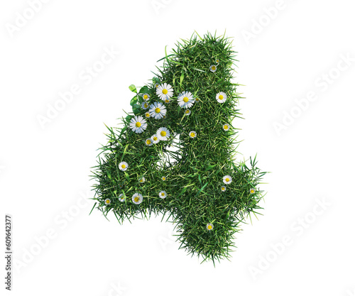 green grass 3d font number four, cut out plants including grass and daisy flower