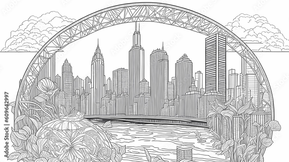 Black and white illustration of chicago city. Coloring book antistress ...