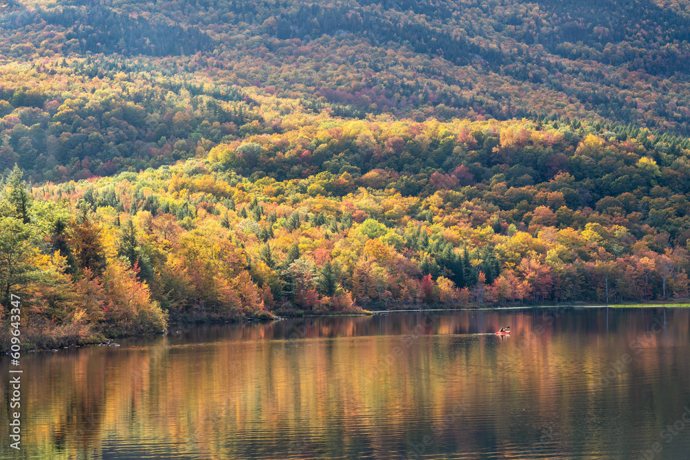 Autumn colors at the Basin Brook Reservoir in the White Mountains of New Hampshire - Kayak