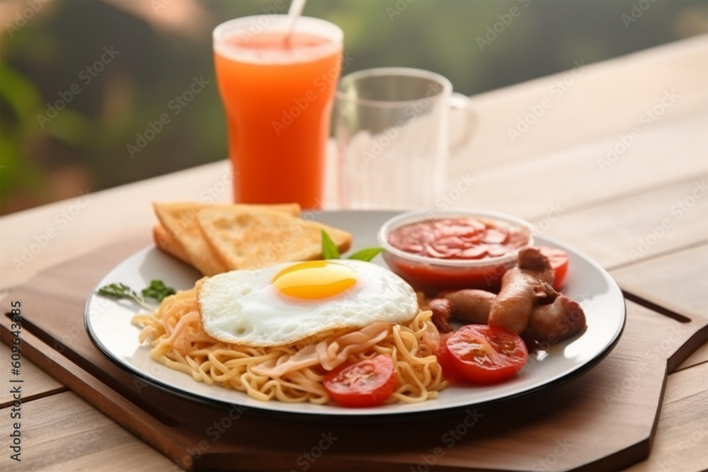 a plate of fried noodles with sunny side up egg, tomato and sausage with a glass of juice