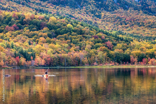 Autumn colors at the Basin Brook Reservoir in the White Mountains of New Hampshire - Kayak