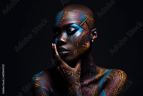Beautiful African woman with black skin body art. Generative AI