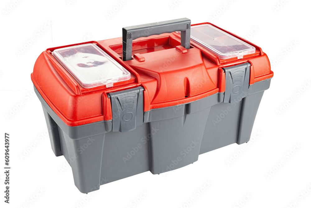 Plastic toolbox with red top isolated on white background. Plastic toolbox with red top isolated on white background.