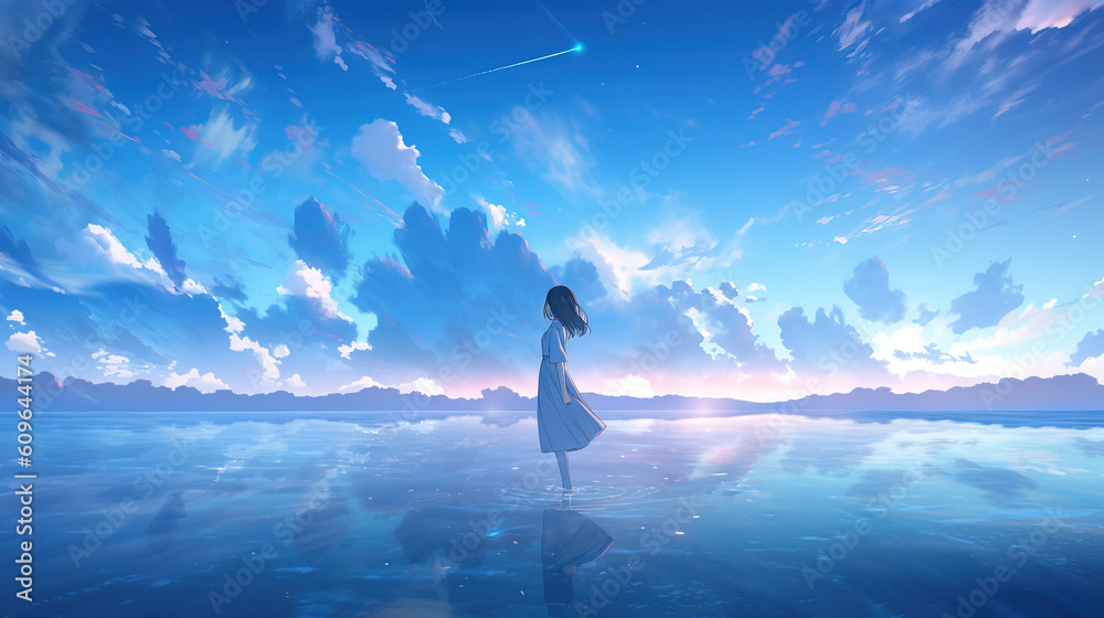Anime girl standing on the water