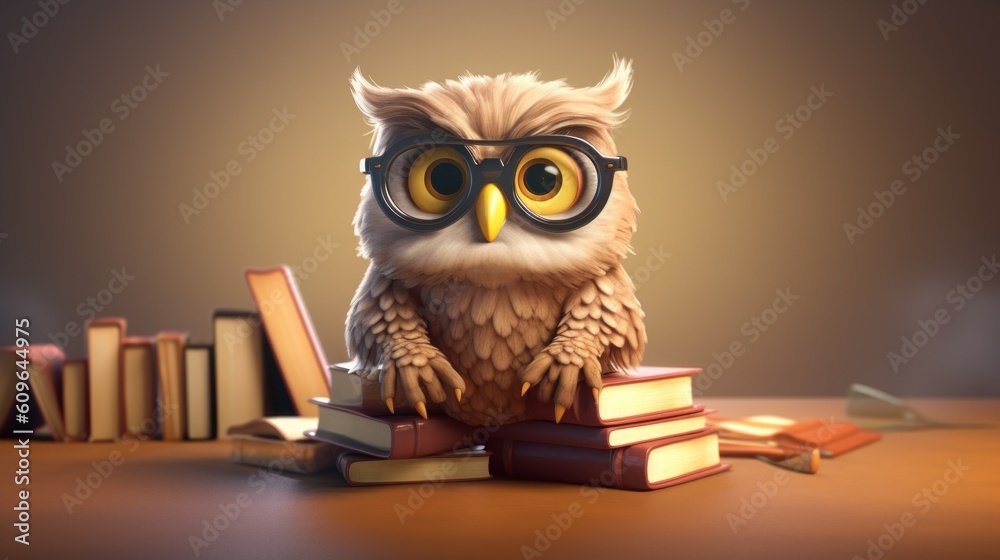 owl sitting on a stack of books