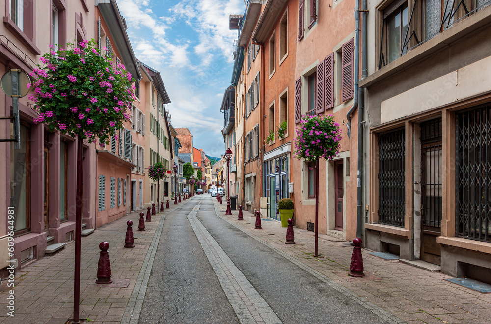 Streets of the medieval town of Thann, Alsace, France
