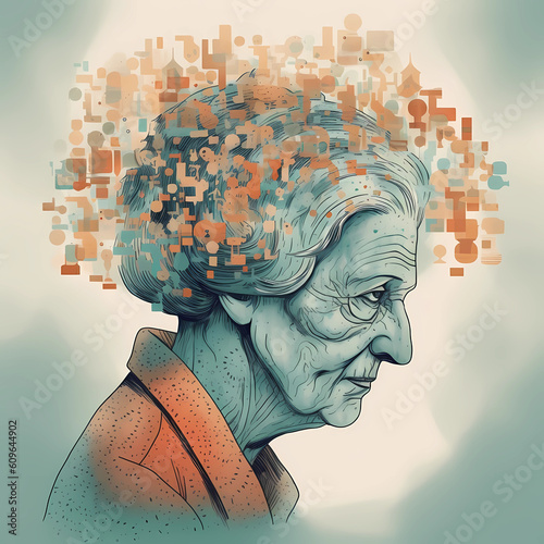 An abstract illustration of an elderly woman with dementia. Abstract geometric shapes around her head to symbolize memory loss and confusion. Made with Generative AI.