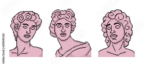 Modern sculpture. Pixel art. Set of antique Greek sculpture. Vector abstract illustration isolated