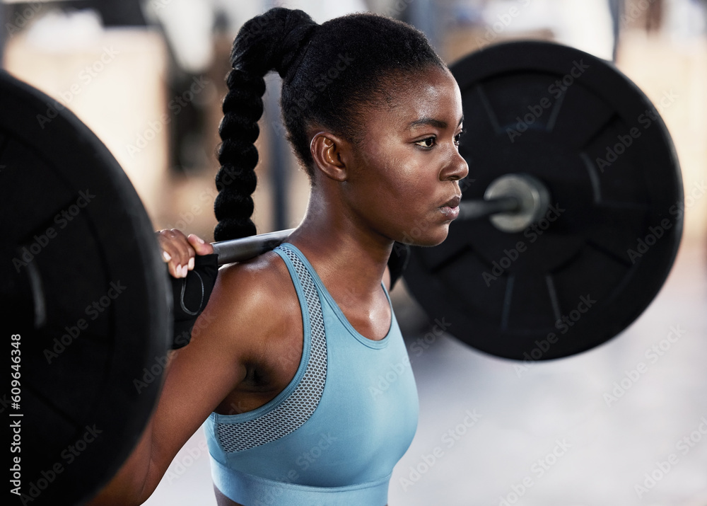 Focus barbell and woman training exercise and workout goal with