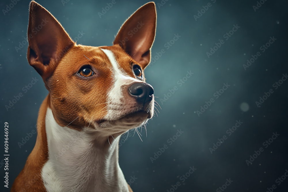 portrait of a Basenji Dog with blue background