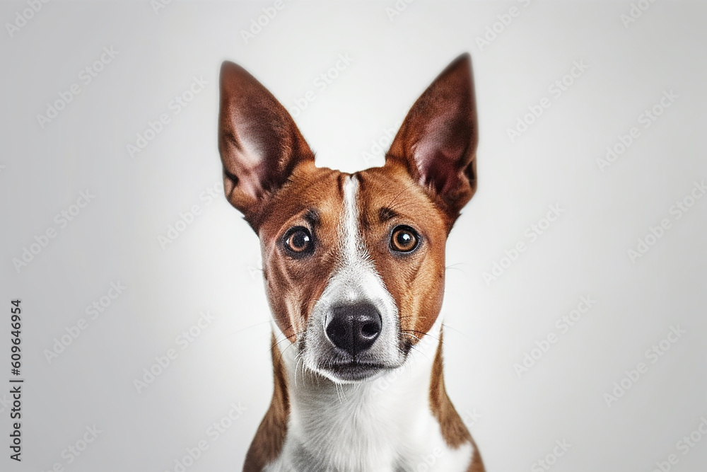 portrait of a Basenji Dog with white background