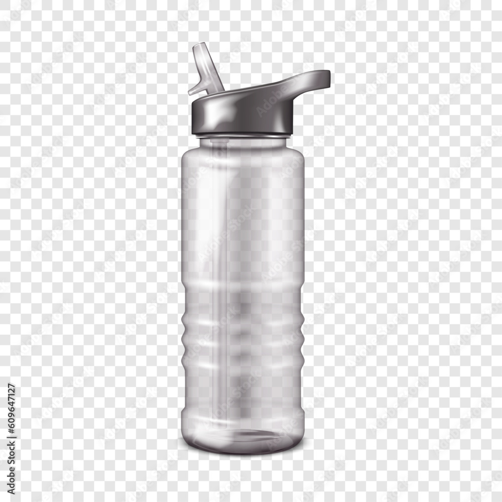 Blank empty clear plastic water bottle with flip-up sip lid and straw