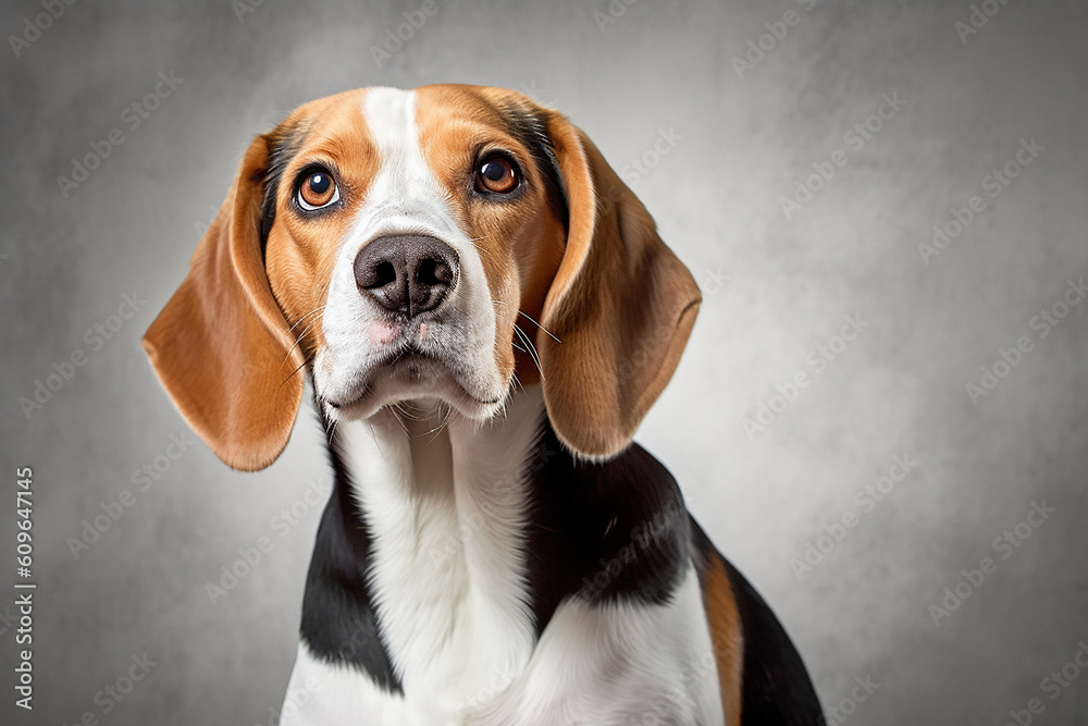 portrait of a Beagle Dog with grey background