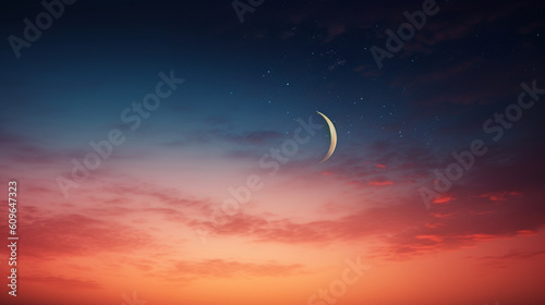 Crescent moon against a mesmerizing sky islamic background created with generative ai