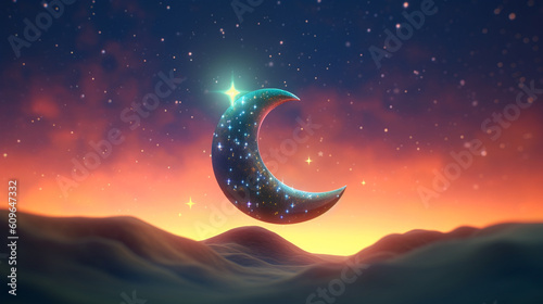 Crescent moon against a mesmerizing sky islamic background created with generative ai