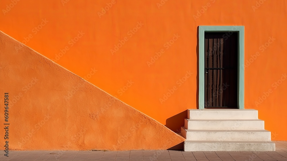 Contemporary layout template for decoration design. Orange Wall with a door, steps. Template design. luxury style background