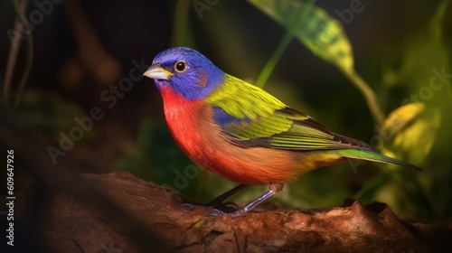 Close up portrait of a colorful Painted Bunting in nature photo