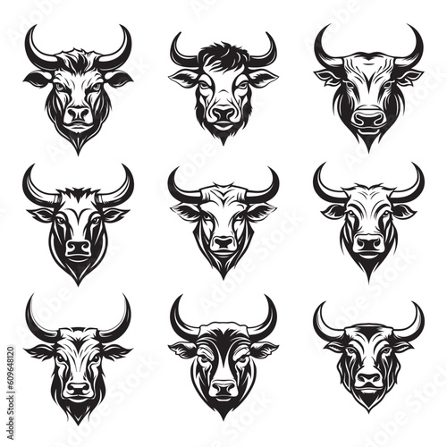 Bull head logos, silhouette set, black icon, mascot, bull silhouette, animals vector illustration